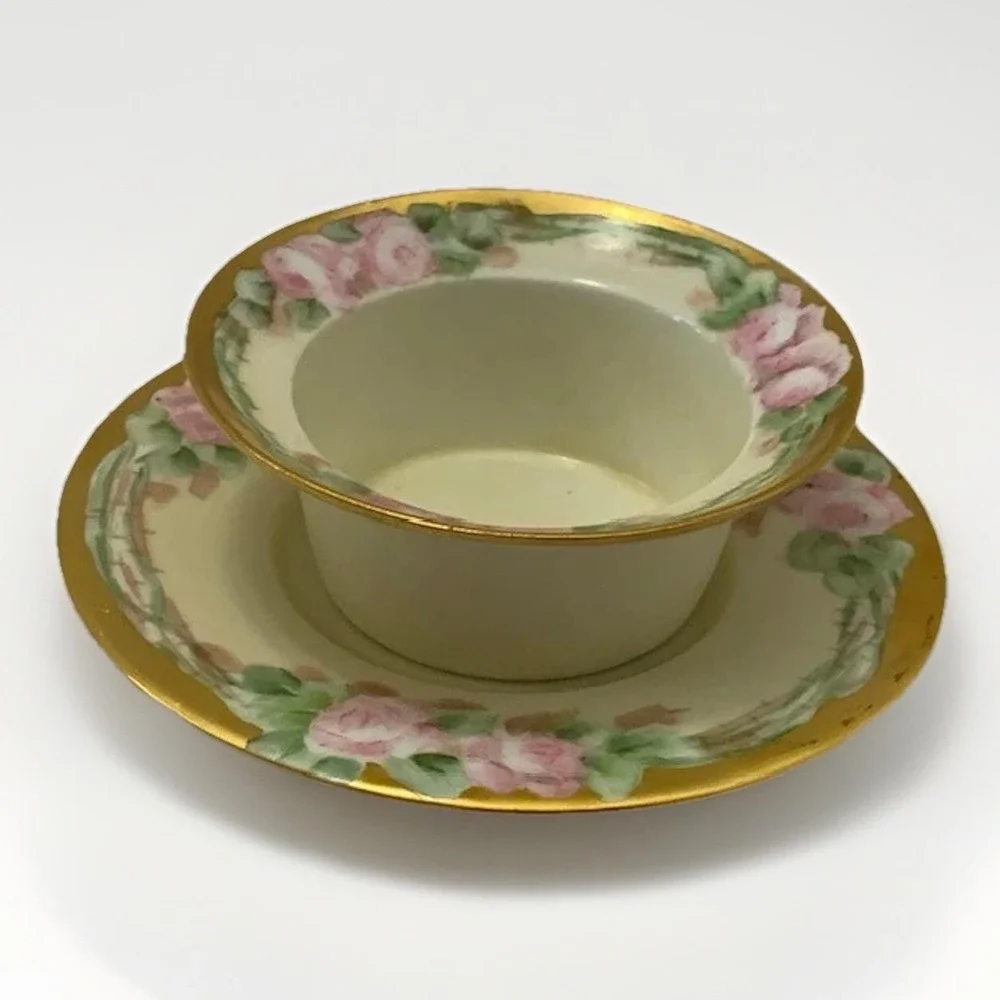 Antique Ramekin and Saucer Weimar Regency Side Dish Hand Painted Gold Rose VTG